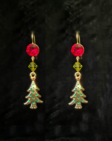 Christmas earrings - red and olive green crystal christmas tree earrings - by Kezani