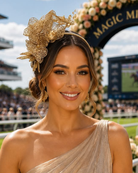 A smiling woman at a racecourse wearing an elegant gold fascinator headpiece and a champagne one-shoulder gown, with a 'Magic Million’archway and crowd in the background.