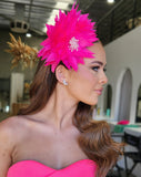 Race day crown and fascinators-  Hot Pink padded headband with feather flowers - Barbie at Kezani