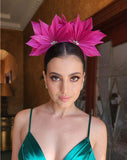 front view - model wearing magenta pink race day fascinator - abaca crown band - demi headband at Kezani