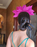 back view of magenta pink abaca fan crown - race day fascinator - demi headband at Kezani