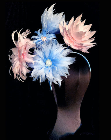 Race day crown and fascinators - pale pink and blue feather flower statement headband - Fleur at Kezani