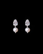 dainty pearl crystal earring with small freshwater round pearl drop on black background - kezani jewellery