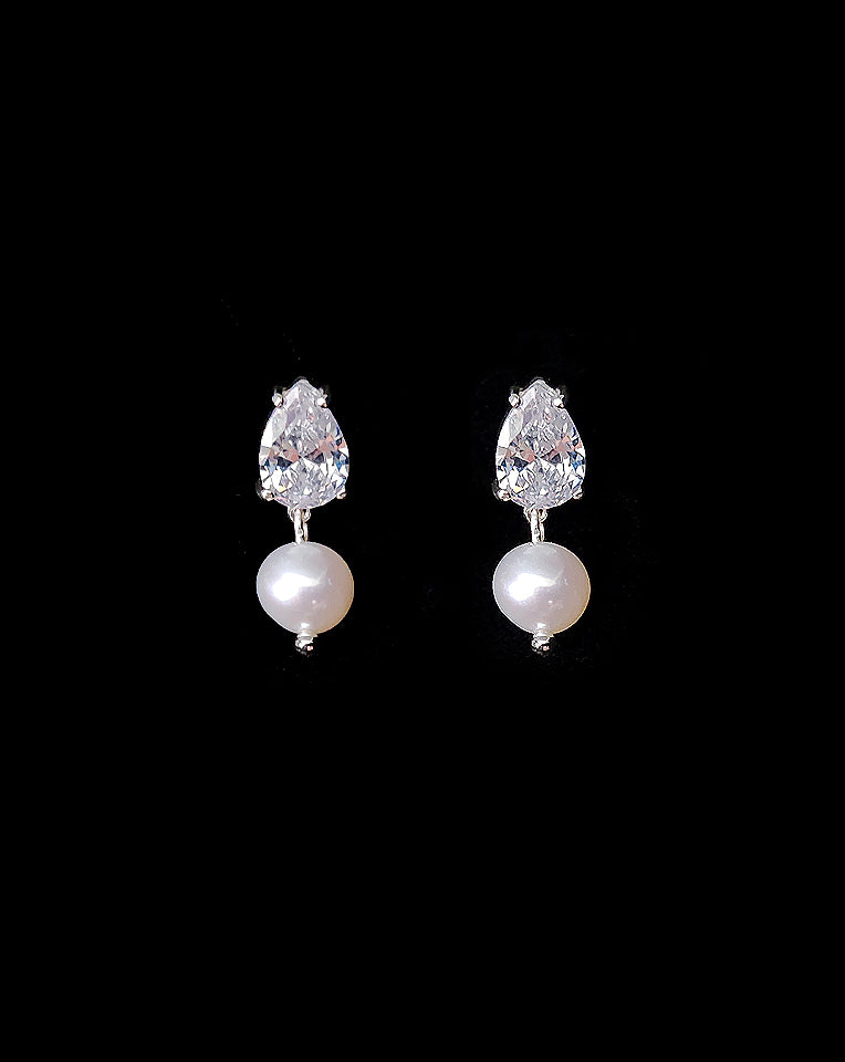 dainty pearl crystal earring with small freshwater round pearl drop on black background - kezani jewellery
