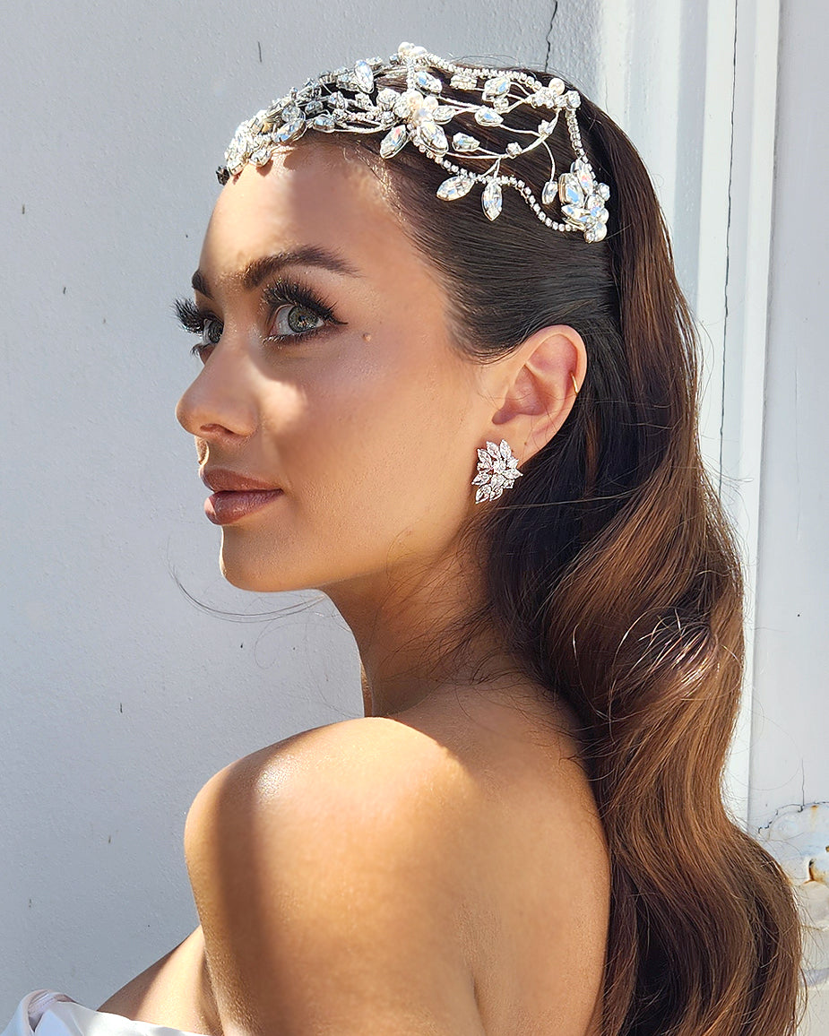 statement australian made headpieces with swarovski crystal and pearl. model wearing elaborate jewelled band across head. drak hair with glam wave - by kezani jewellery