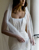 wedding and bridal veils - one tier soft raw edge - train length - close up - Emma at kezani