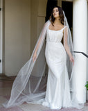 wedding and bridal veils - one tier soft raw edge - train length - full length view -Emma at kezani