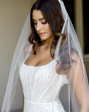 wedding and bridal veils - one tier soft raw edge - train length - side view - Emma at kezani
