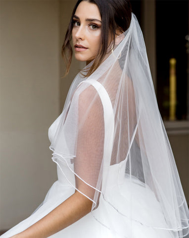 wedding and bridal veils - two tier with diamonte crystal edge - fingertip side back view - Marilyn at Kezani