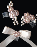 wedding headpiece - 3pce floral and freshwater pearl combs with satin ribbon bow - Emmie by Kezani
