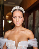 wedding crowns - pearl encrusted crown on model with off shoulder wedding gown - pearlin by kezani