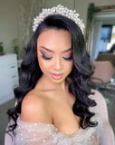 pearlin crown on dark haired model with off shoulder gown