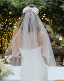 wedding headpiece - bridal silk bow with crystal and pearl heart charm - Charm Bow by Kezani