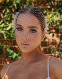 wedding headpiece - lace floral and pearl scattered bandeau birdcage veil - front view - Georgia at Kezani