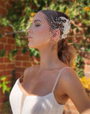 wedding headpiece - lace floral and pearl scattered bandeau birdcage veil - left side view - Georgia at Kezani