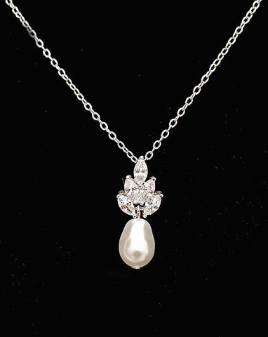 wedding necklace - crystal with drop pendant - Bocheron pearl by Stephanie Browne at Kezani