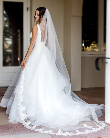Veil - train length one tier border scallop lace trim wedding veil - Josephine