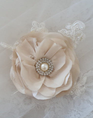 Bridal headpiece - handmade latte silk flower with lace trim -  Flora by Kezani