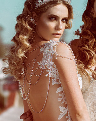 wedding back jewellery - crystal and diamonte drapes with one shoulder feature - Isabella by Kezani