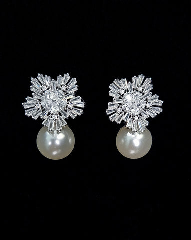 Bridal earrings - art deco crystal star stud with feature pearl - Steph earring at Kezani