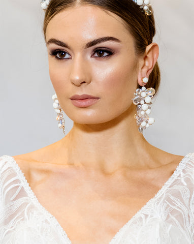 Bridal earrings - elaborate pearl and crystal shimmer cluster - Kahlo by Kezani