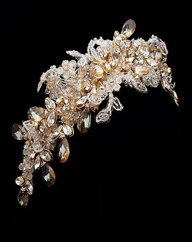 bridal headpiece - adonia gold lace crown - by kezani - side view
