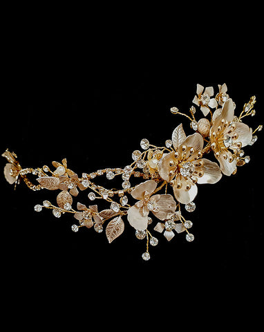 bridal headpiece - blush gold flower feature with diamonte band detail - Haley - Johnny B at Kezani