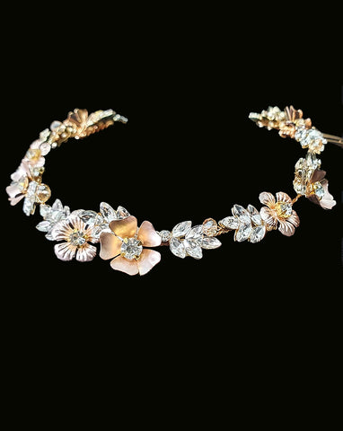 bridal headpiece - rose gold flower with diamonte leaf detail - Cora - Johnny B at Kezani