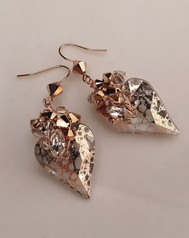 fashion earrings - rose gold heart crystal - Wild Rose earrings - by Kezani