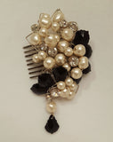 sale headpiece - ivory pearl and black crystal side comb close up - Angelique by Kezani