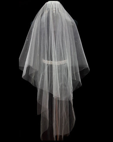 Bridal and wedding Veil  - two tier raw cut glimmer tulle with scatter diamonte in fingertip length -back view -- at Kezani