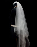 Bridal and wedding Veil  - two tier raw cut glimmer tulle with scatter diamonte in fingertip length - side view - at Kezani