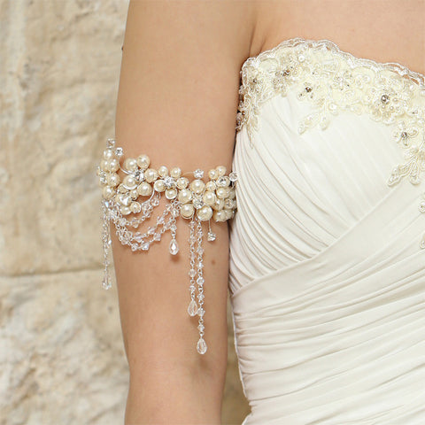wedding armband - Fleur pearl flower with crystal drapes by Kezani - KEZANI JEWELLERY - designer bridal jewellery and wedding accessories - 1