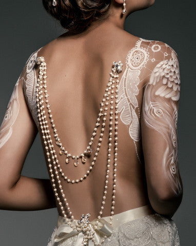 Wedding back jewellery - pearl drapes with vintage silver drops - Josephine by Kezani
