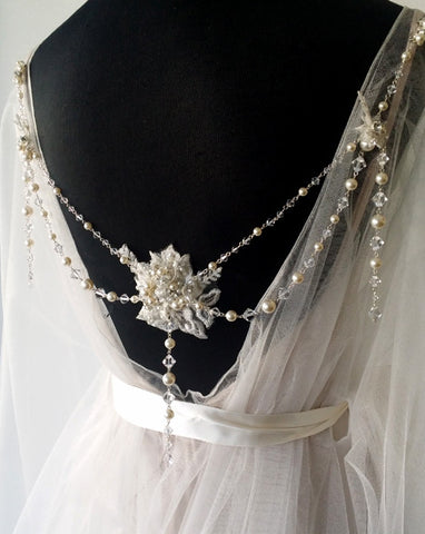 Wedding back jewellery - vintage style with pearl and crystal drape - Gracie by Kezani - Kezani Jewellery - 2