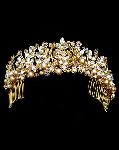 Wedding crown - regal gilt and crystal leaf - Diva Crown by Kezani - KEZANI JEWELLERY - designer bridal jewellery and wedding accessories - 1