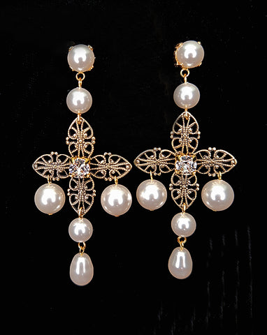 Bridal earrings - pearl statement chandeliers vintage - Paros by Kezani