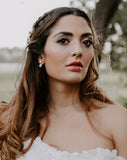 wedding earrings - simple crystal stud with a beautifully shaped pearl drop - twinkle pearl drop by Stephanie Browne - pictured on model with hair down
