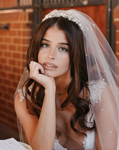 vintage leaf with crystal and pearl band - low crown - steph by kezani on model with pearl veil