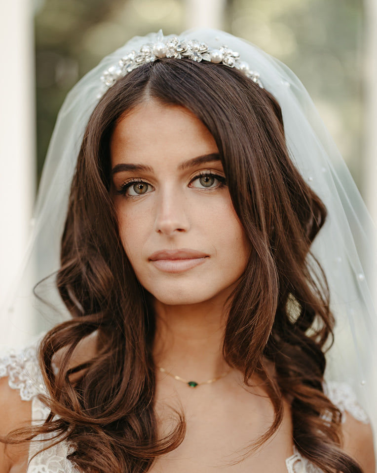 vintage leaf and crystal with large pearl band - can be worn connected with veil 
