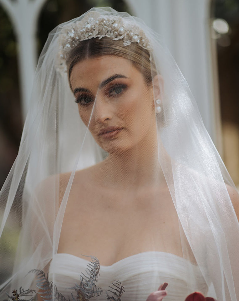 Bridal headpiece - pearl and lace wedding headband - Carmelina by