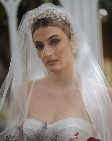 wedding and bridal headpiece - pearl clustered and soft lace headband - Carmelina by Kezani  - Bride with veil over face