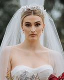 wedding and bridal headpiece - pearl cluster and soft lace headband - Carmelina by Kezani - bride with lace headband and two tier full veil