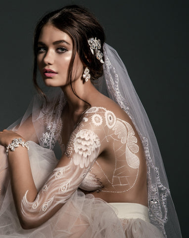 Veil - elbow length embroidered edge wedding veil - Sharna